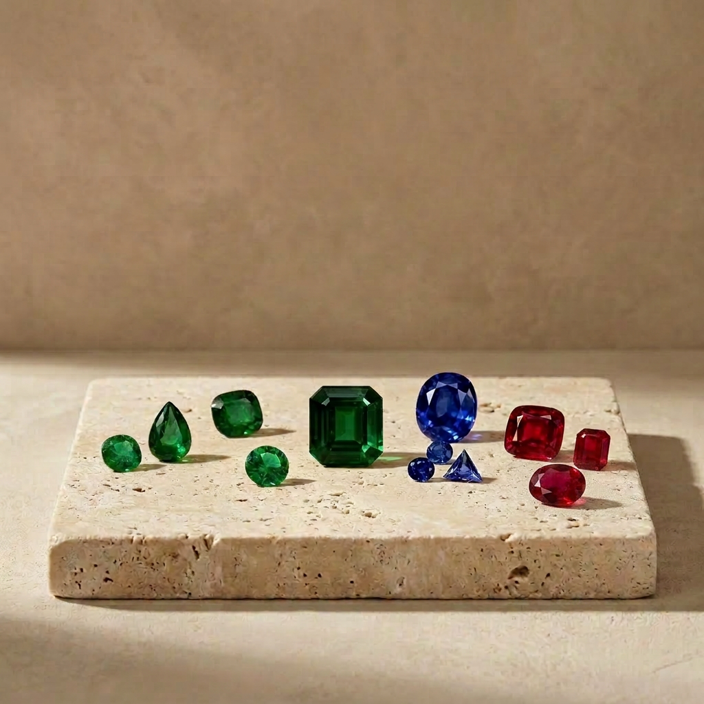 Loose colored gemstones arranged on a pale stone surface