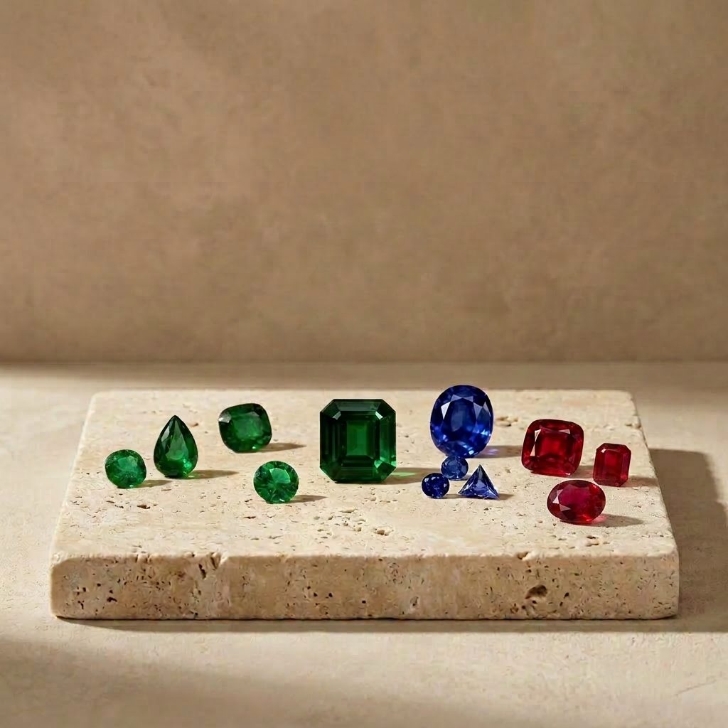 Loose colored gemstones arranged on a pale stone surface