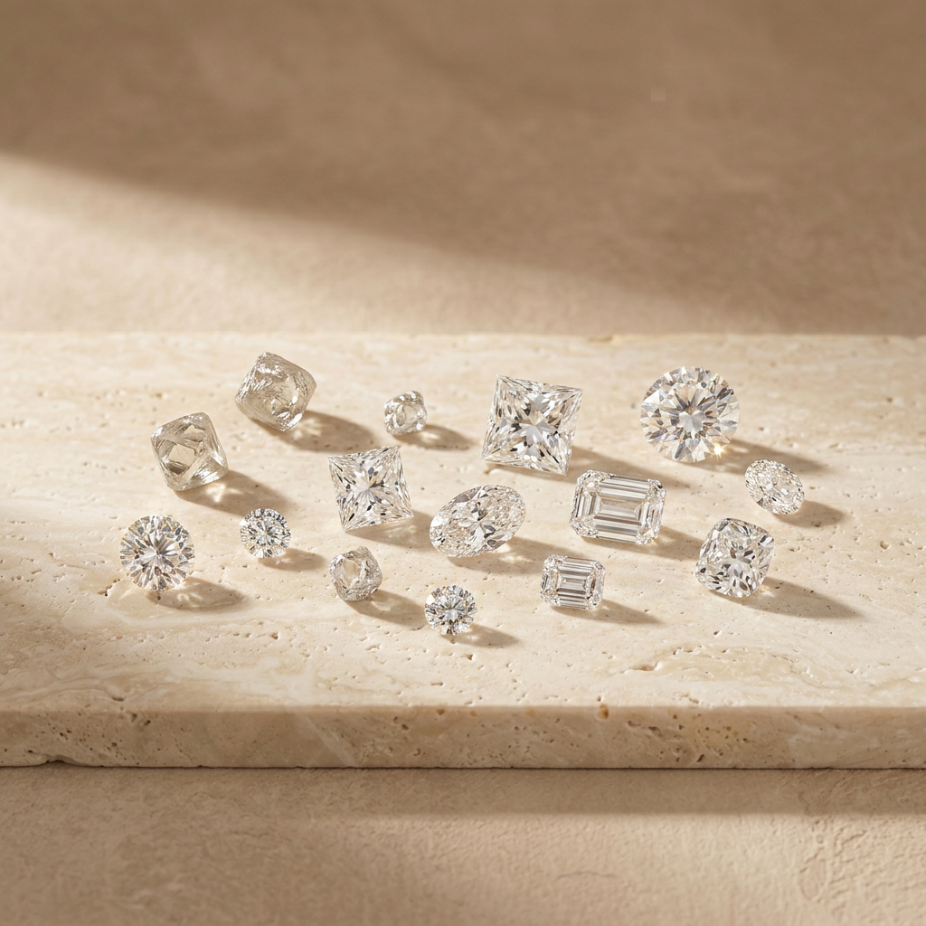 Loose diamonds in princess, round, oval, emerald and cushion cuts on a travertine surface
