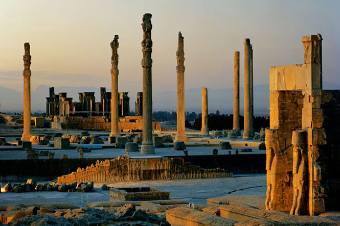 The ancient ruins of Persepolis at sunset
